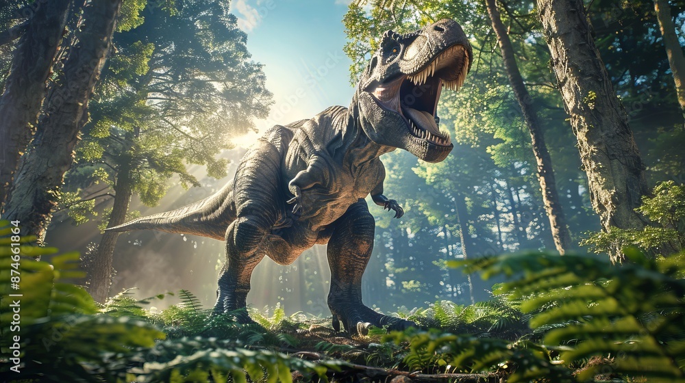 Fototapeta premium Realistic Tyrannosaurus Rex in Natural Forest Environment. Concept of prehistoric animals, dinosaur in wild habitat, Cretaceous period, dinosaur