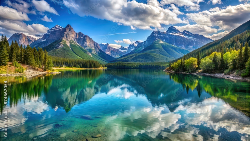 Scenic view of a tranquil lake surrounded by majestic mountains , nature, landscape, water, reflection, serene, outdoors Scenic view of a tranquil lake surrounded by majestic mountains , nature, landscape, water, reflection, serene, outdoors