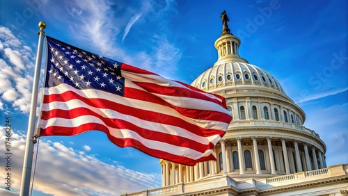 Patriotic American flag waving in front of Capitol Building, America, stars and stripes, United States