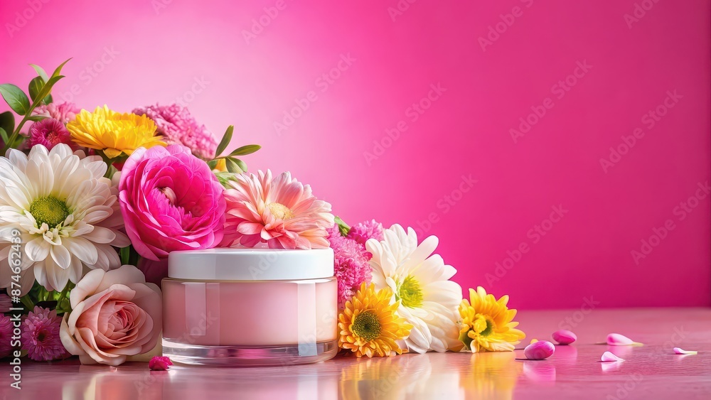 Product on pink background with vibrant flowers, pink, background, flowers, vibrant, colorful, beauty, feminine, girly, stylish Product on pink background with vibrant flowers, pink, background, flowers, vibrant, colorful, beauty, feminine, girly, stylish