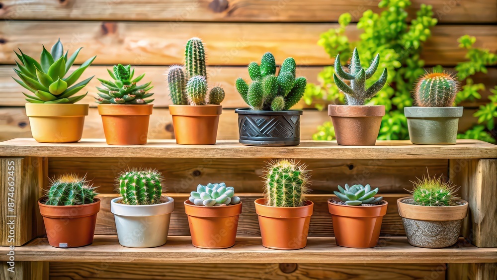 Mini potted cactus and succulent plants displayed on wooden shelf against background, mini, potted, cactus, succulent, plants Mini potted cactus and succulent plants displayed on wooden shelf against background, mini, potted, cactus, succulent, plants