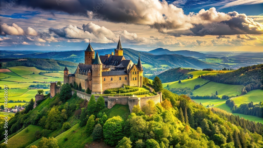 Majestic medieval castle on a hill overlooking a picturesque landscape, fortress, royalty, architecture, fairytale, history Majestic medieval castle on a hill overlooking a picturesque landscape, fortress, royalty, architecture, fairytale, history