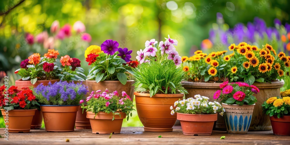 Pots filled with colorful flowers in a garden setting , vibrant, botanical, blooming, outdoor, gardening, spring Pots filled with colorful flowers in a garden setting , vibrant, botanical, blooming, outdoor, gardening, spring