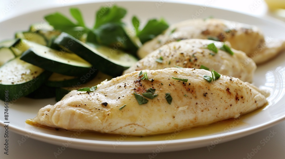 Food for convalescent patients, A plate of tender, poached chicken breast with a side of steamed zucchini Food for convalescent patients, A plate of tender, poached chicken breast with a side of steamed zucchini
