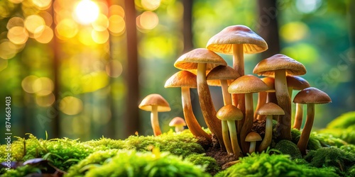 Medicinal mushrooms with health benefits, displayed in a natural setting, mushrooms, health, wellness photo