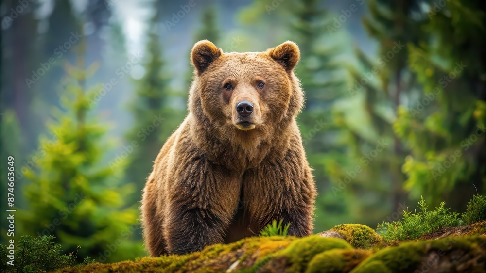 Obraz premium Majestic brown bear in natural habitat, wildlife, predator, forest, grizzly, nature, animal, wilderness, mammal, fur