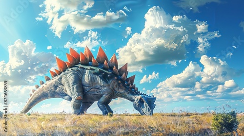 Fototapeta Naklejka Na Ścianę i Meble -  Vibrant illustration of a Stegosaurus in a prehistoric landscape. Concept of dinosaurs, ancient wildlife, nature, educational content, dinosaur