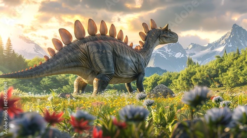 Fototapeta Naklejka Na Ścianę i Meble -  Vibrant illustration of a Stegosaurus in a prehistoric landscape. Concept of dinosaurs, ancient wildlife, nature, educational content, dinosaur