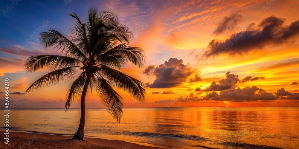 Silhouette of palm tree at sunset on Caribbean beach with orange sky, clouds, calm ocean , palm tree, sunset, beach Silhouette of palm tree at sunset on Caribbean beach with orange sky, clouds, calm ocean , palm tree, sunset, beach