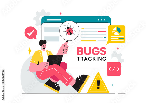 Vector Illustration of a Bug Tracking Tool with Mobile Phone Protection from Computer Viruses in a Website Security Flat Cartoon Background