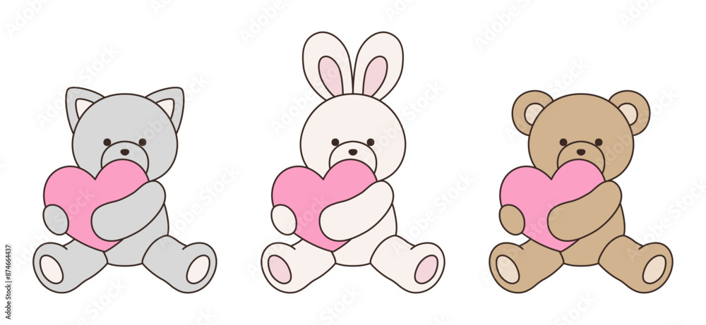 かわいいくまとうさぎとねこのぬいぐるみのベクターイラスト アイコン セット ハート 動物 かわいいくまとうさぎとねこのぬいぐるみのベクターイラスト アイコン セット ハート 動物