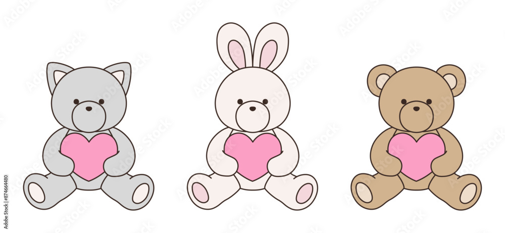 かわいいくまとうさぎとねこのぬいぐるみのベクターイラスト アイコン セット ハート 動物 かわいいくまとうさぎとねこのぬいぐるみのベクターイラスト アイコン セット ハート 動物