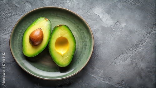 Ripe avocado halves on a grey plate, vibrant green flesh, avocado, ripe, halves, grey plate, vibrant green, fruit, healthy