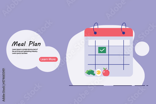 Diet plan illustration planning diet with calendar and fresh vegetable. Meal plan, nutrition consultation, balance diet. People control weight. Vector flat cartoon design for web banners, UI

