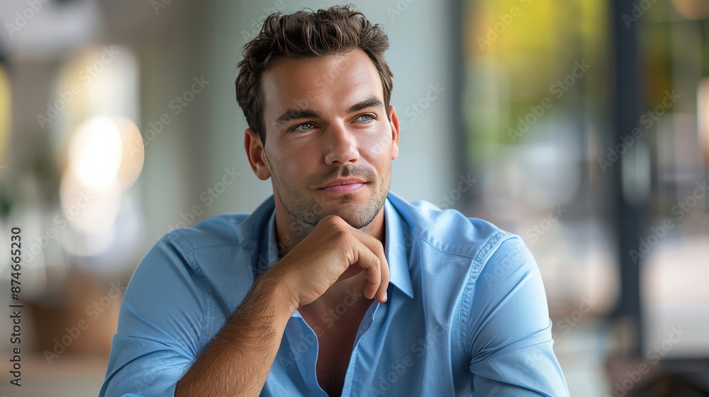 A man is sitting at a table with his hands on his chin A man is sitting at a table with his hands on his chin