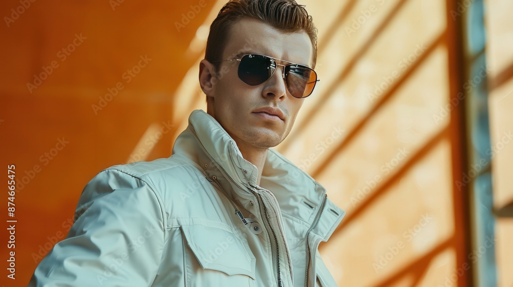 A man in a white jacket and sunglasses is standing in front of a wall A man in a white jacket and sunglasses is standing in front of a wall