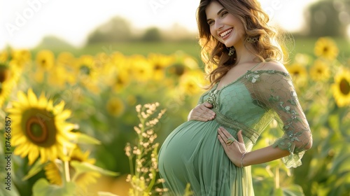 A pregnant woman is standing in a field of yellow sunflowers