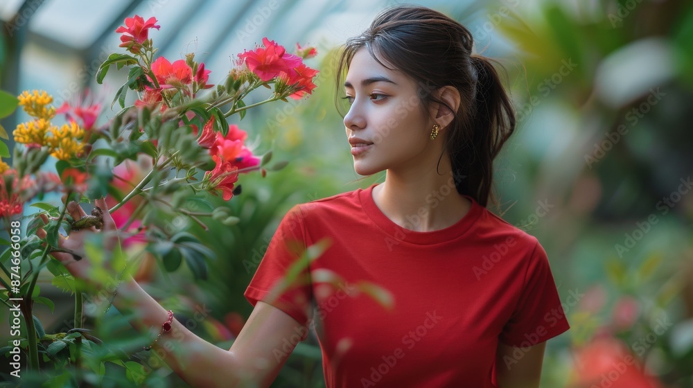 A woman in a red shirt is standing in front of a plant with pink flowers A woman in a red shirt is standing in front of a plant with pink flowers