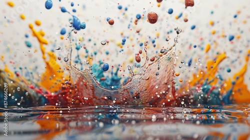 A depiction of gravity, with painted droplets suspended in midair on a canvas