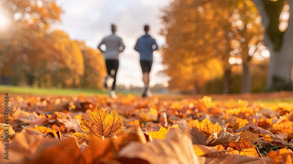 Joggers running through a park with autumn leaves, sport autumn, seasonal fitness Joggers running through a park with autumn leaves, sport autumn, seasonal fitness