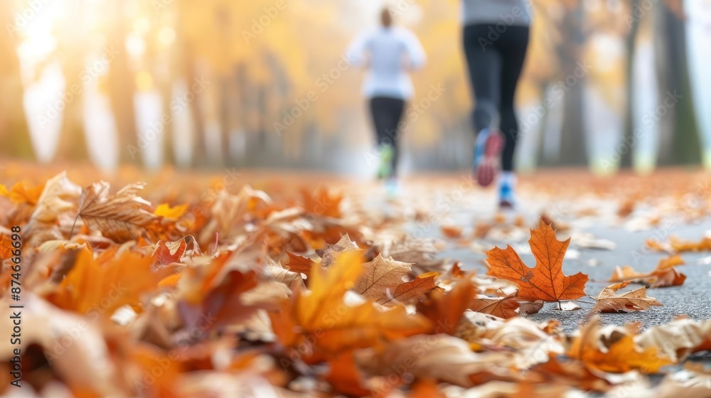 Joggers running through a park with autumn leaves, sport autumn, seasonal fitness Joggers running through a park with autumn leaves, sport autumn, seasonal fitness