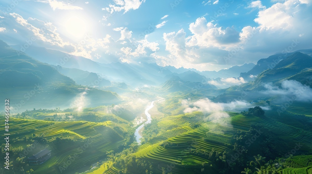 Rice Terraces and Mountains in the Sunlight