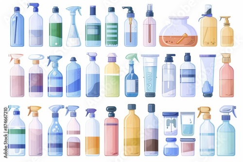 Creative illustration of laboratory bottles with various colorful liquids, modern design, educational and engaging, chemistry-themed composition. © Leo