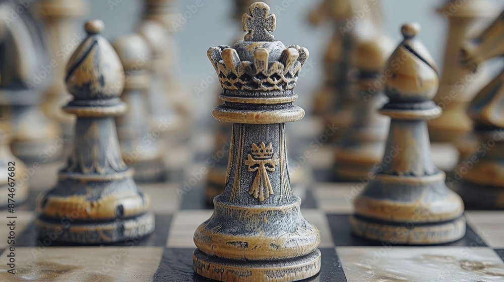 Fototapeta premium A minimalist chess set arranged at the start of a game, with a focus on the king