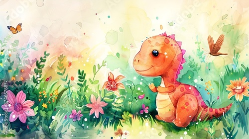 Cute dinosaur character in a colorful floral setting. Concept of children's illustration, fantasy creature, playful design © Jafree