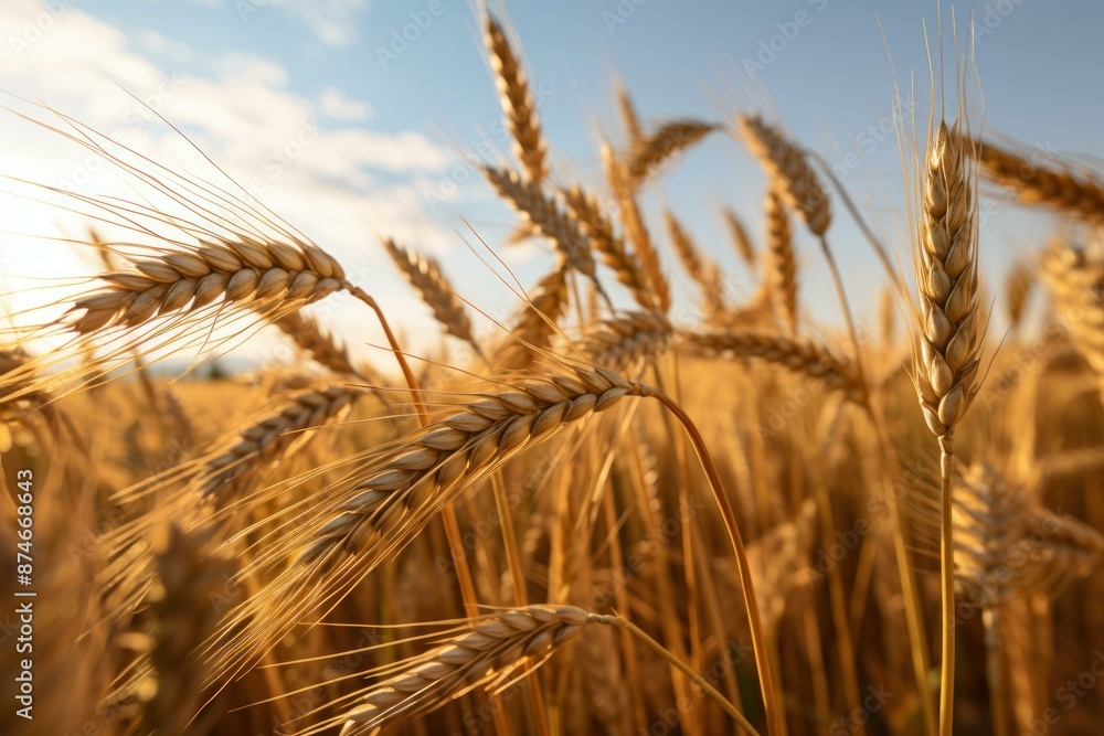 Close-up of ripe wheat ears with warm sunset light in the background Close-up of ripe wheat ears with warm sunset light in the background