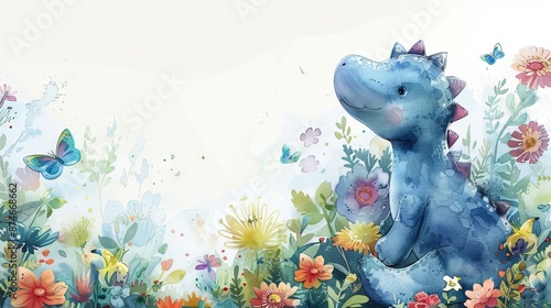 Watercolor illustration of a friendly dinosaur in a floral garden. Concept of children s illustration, whimsical art, fantasy creature. Copy space photo