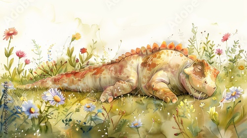 Peaceful blue cute dinosaur resting in a colorful flower meadow. Concept of children s illustration, whimsical art, fantasy creature photo