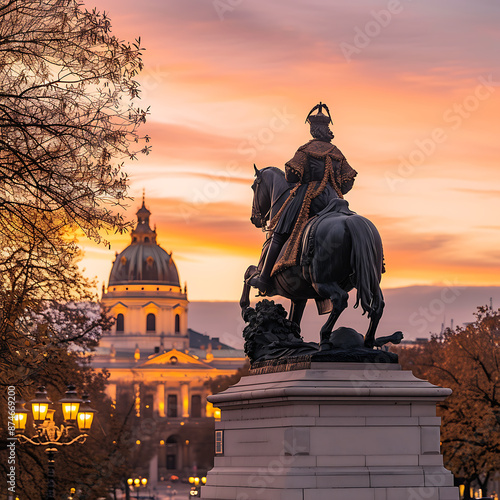 The statue of Emperor Franz Joseph I of Austria in front of Hofburg Palace at sunset. photo