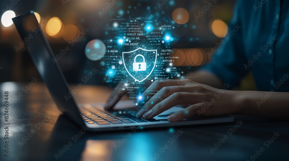 Programmer working on laptop with cyber security system Programmer working on laptop with cyber security system