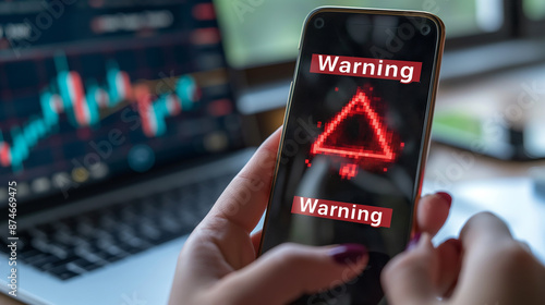 Woman holding smartphone with warning message on screen and stock chart in background