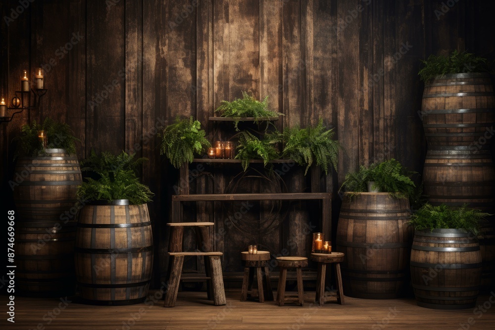 Fototapeta premium Vintage setting with wooden barrels and green ferns creating a cozy, antique atmosphere