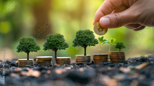 Businessman holding bitcoin over growing trees on stacked coins photo