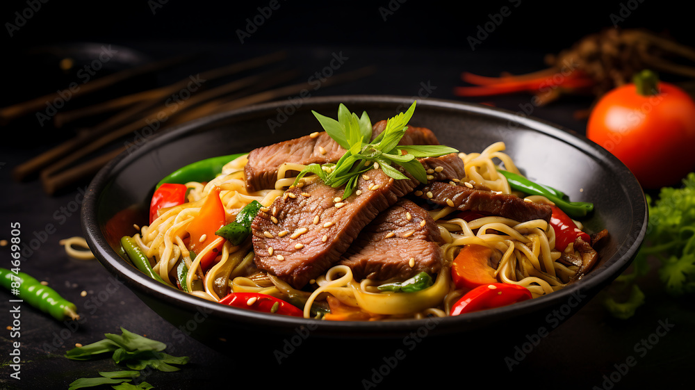 Stir-fried noodles with beef and vegetables on black background.