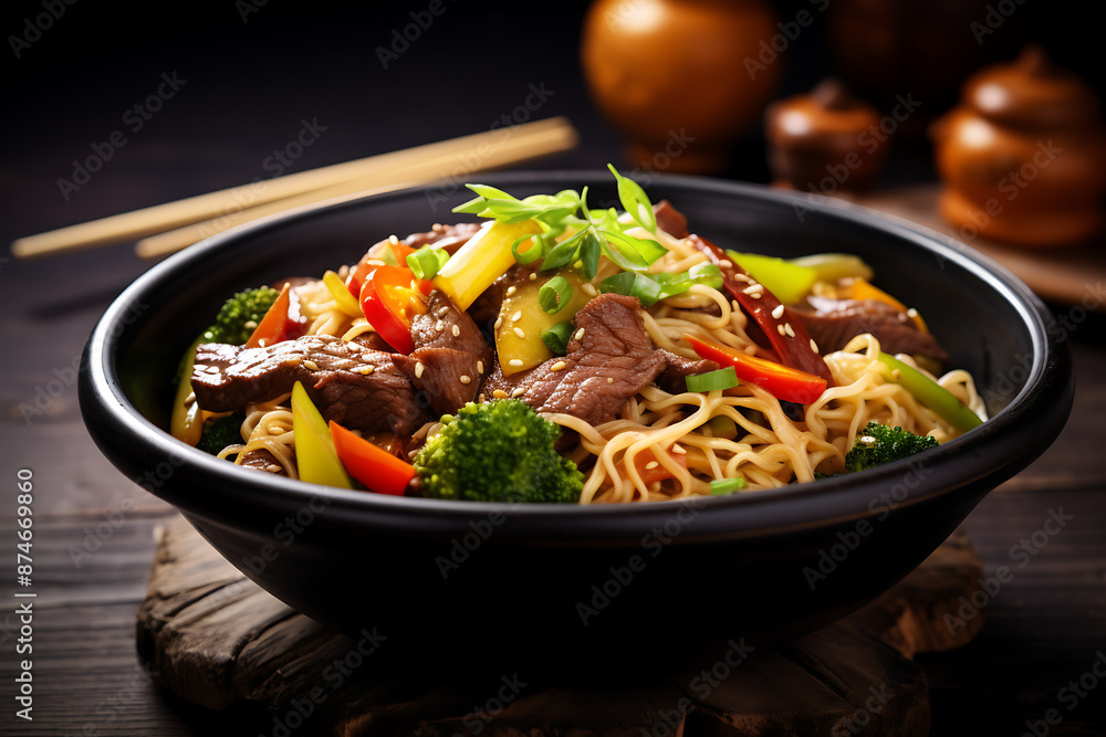 Stir-fried noodles with beef and vegetables on black background. Stir-fried noodles with beef and vegetables on black background.