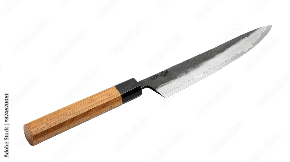 Fototapeta premium Elegantly Crafted Japanese Chef Knife With Wooden Handle and Patterned Blade