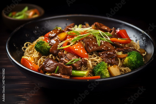 Stir-fried noodles with beef and vegetables on black background.