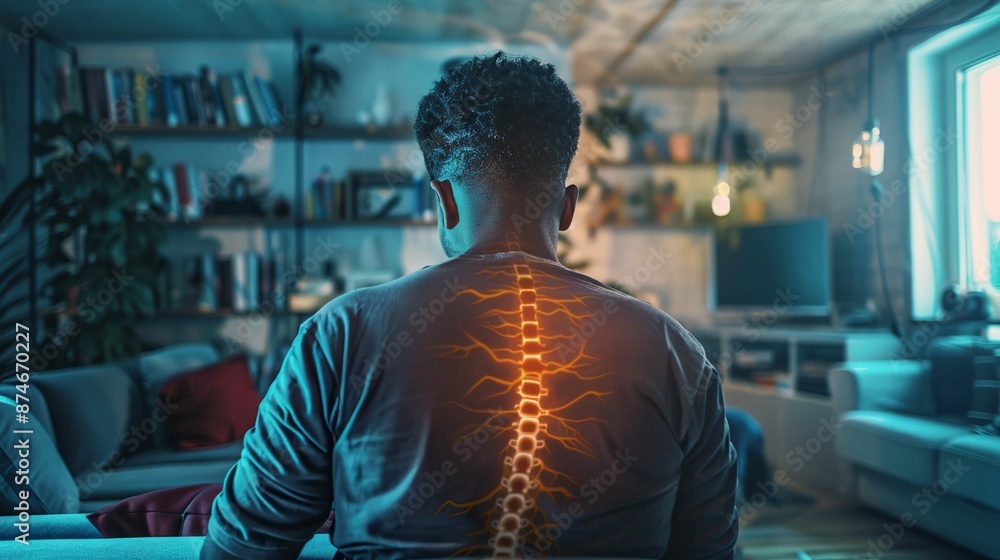 A man is sitting on a couch in a living room with a spine on his shirt A man is sitting on a couch in a living room with a spine on his shirt