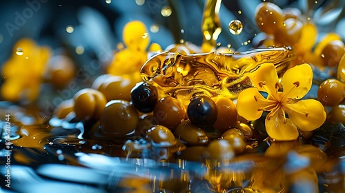 Wallpaper background of olive oil liquid flowing and splashing
