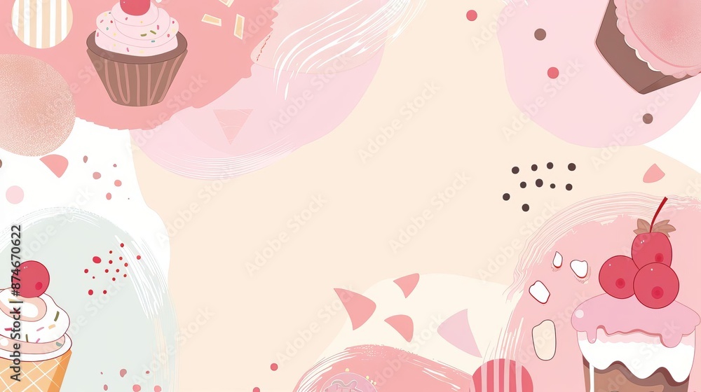 Soft, pastel background with abstract shapes and dessert icons for a sweet shop Soft, pastel background with abstract shapes and dessert icons for a sweet shop