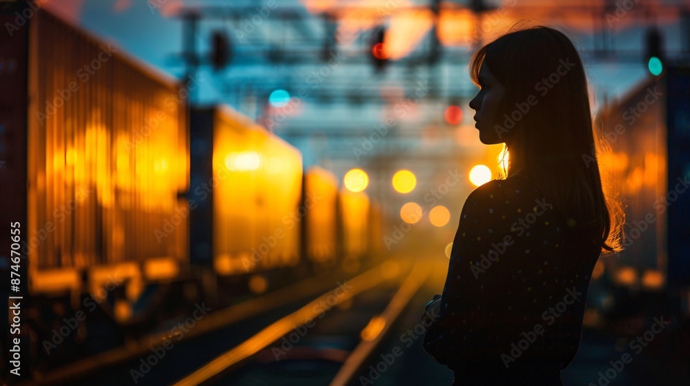 Silhouette of a woman at a rail yard overseeing the loading of cargo onto trains for efficient transport Silhouette of a woman at a rail yard overseeing the loading of cargo onto trains for efficient transport