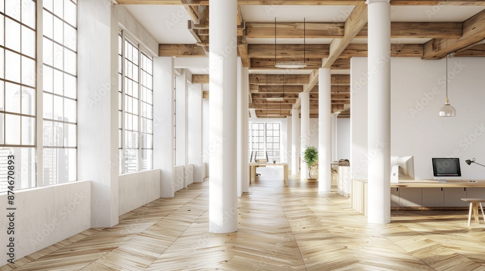 Modern Office Interior Design with White Walls and Wooden Beams Modern Office Interior Design with White Walls and Wooden Beams