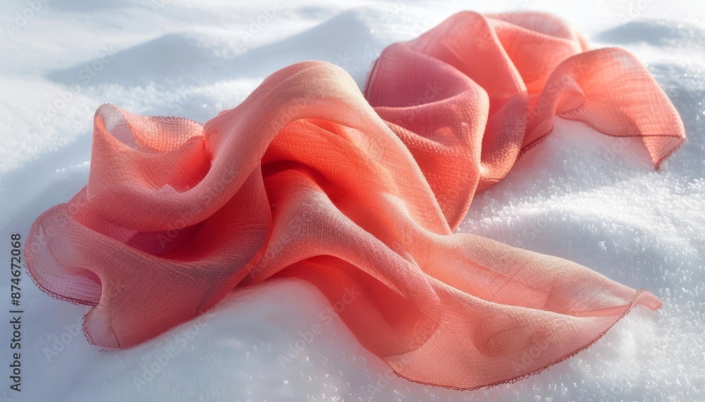 A neatly folded coral scarf on a stark, snowy white background A neatly folded coral scarf on a stark, snowy white background