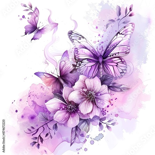 Watercolor purple butterflies and pink flowers, tattoo design on transparent background, pink tones, purple butterfly, purple flower