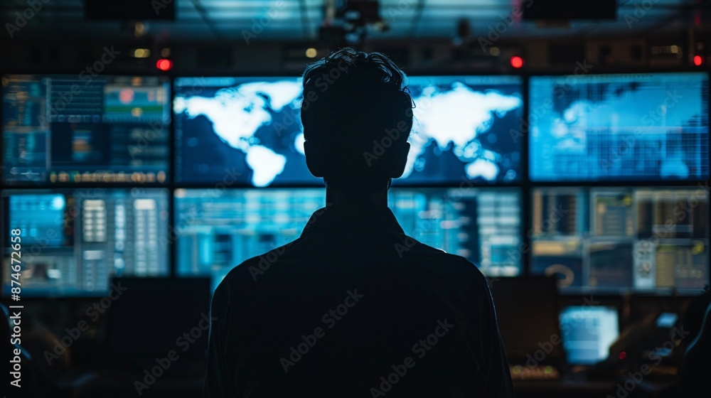 Silhouette person inside a control room surrounded by screens displaying global shipping routes and logistics data Silhouette person inside a control room surrounded by screens displaying global shipping routes and logistics data