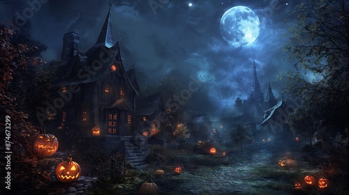 Halloween Night with Haunted House and Glowing Pumpkins